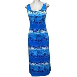 Vintage Blue and White Palm Print Midi Dress